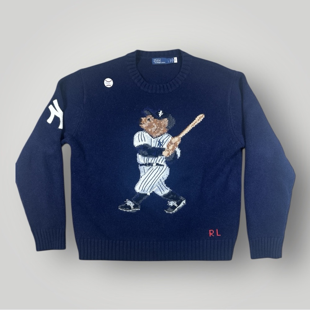 Polo Ralph Lauren Yankees Polo Bear Sweater Navy Wool Size L MLB NY Intarsia